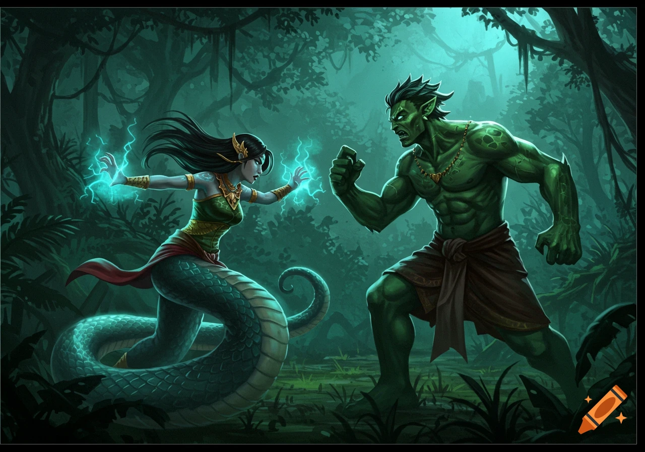 A female snake-like creature with glowing hands faces off against a muscular green giant in a dark, lush jungle.
