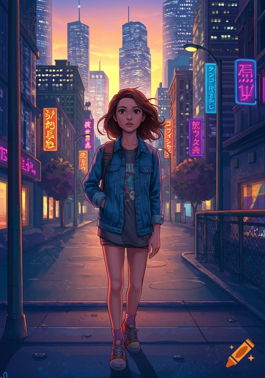 An anime-style teenage girl with brown hair walks down a neon-lit city street at sunset, wearing a denim jacket and shorts.