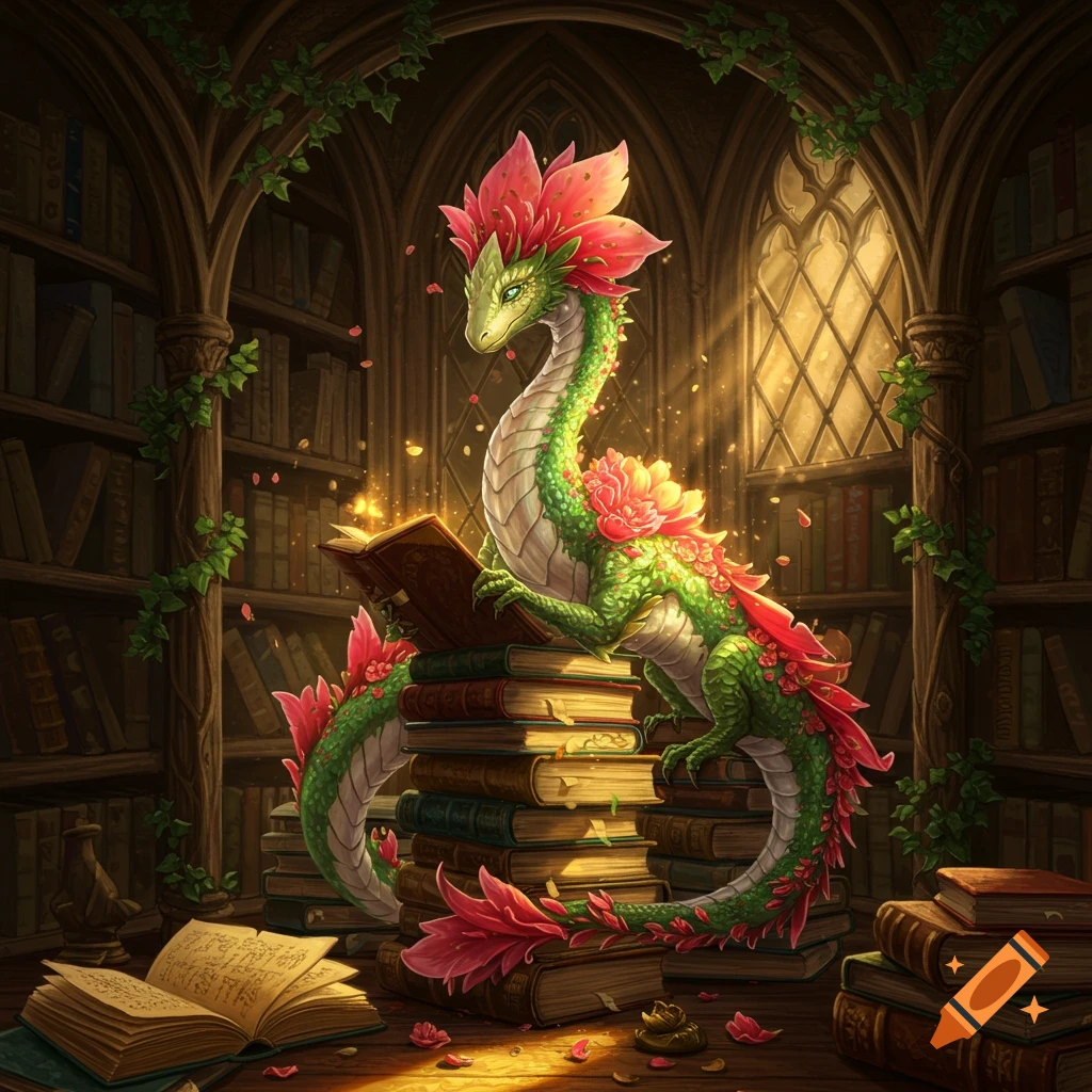 A whimsical green flower dragon with pink petals sitting on a stack of books, reading an open book in a magical library.