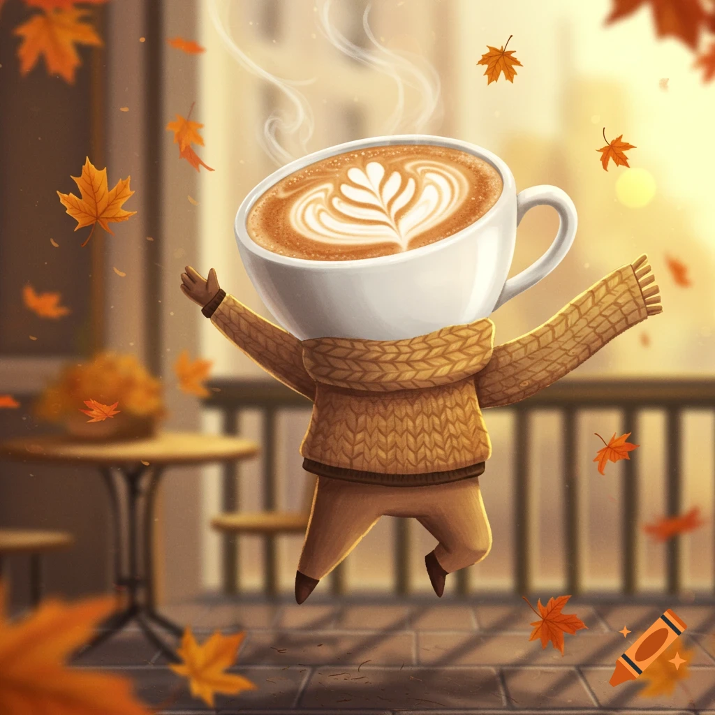 A whimsical cappuccino cup character wearing a brown sweater and scarf, jumping joyfully with outstretched arms amidst falling orange autumn leaves on an outdoor cafe balcony.