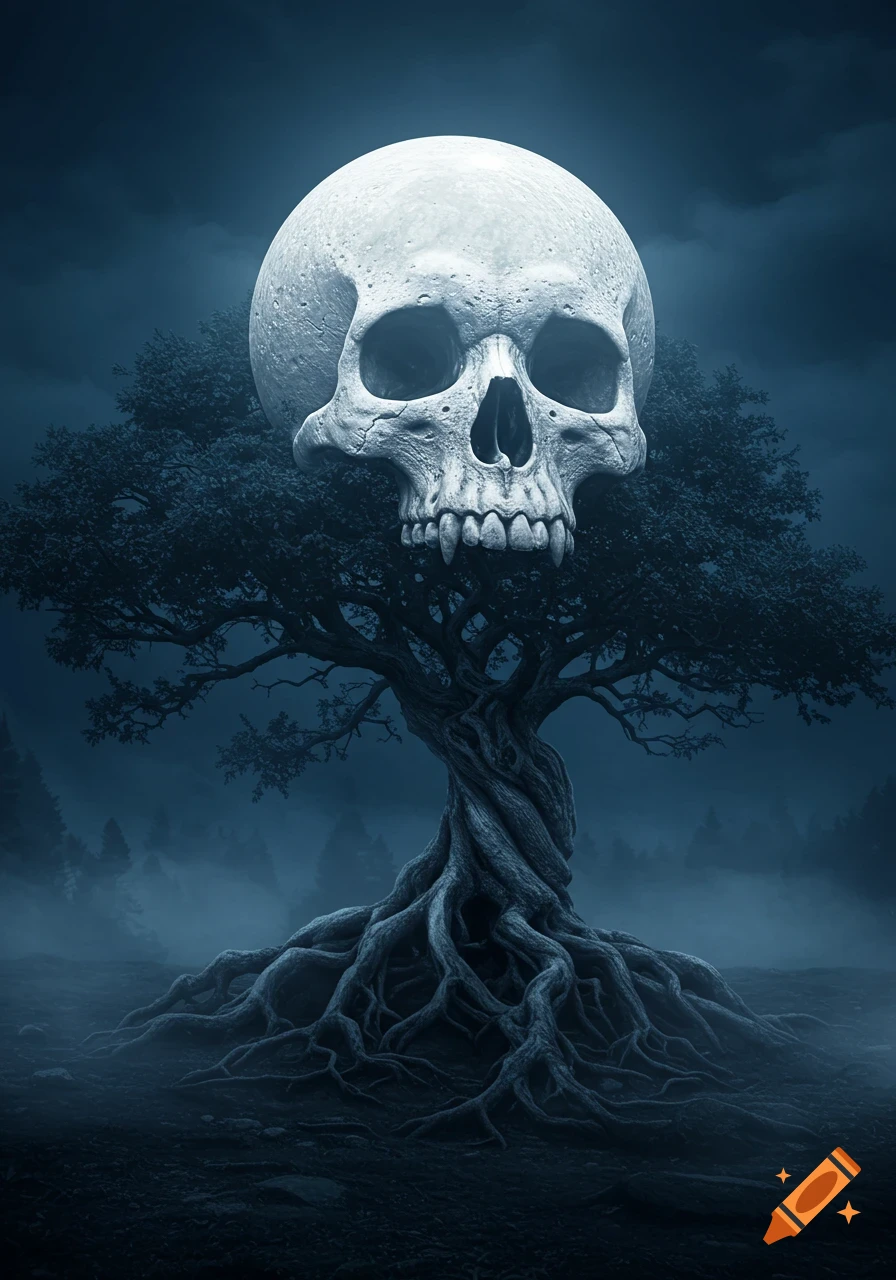 A large skull resembling a moon sits atop a gnarled, dark tree with sprawling roots in a misty, eerie forest.