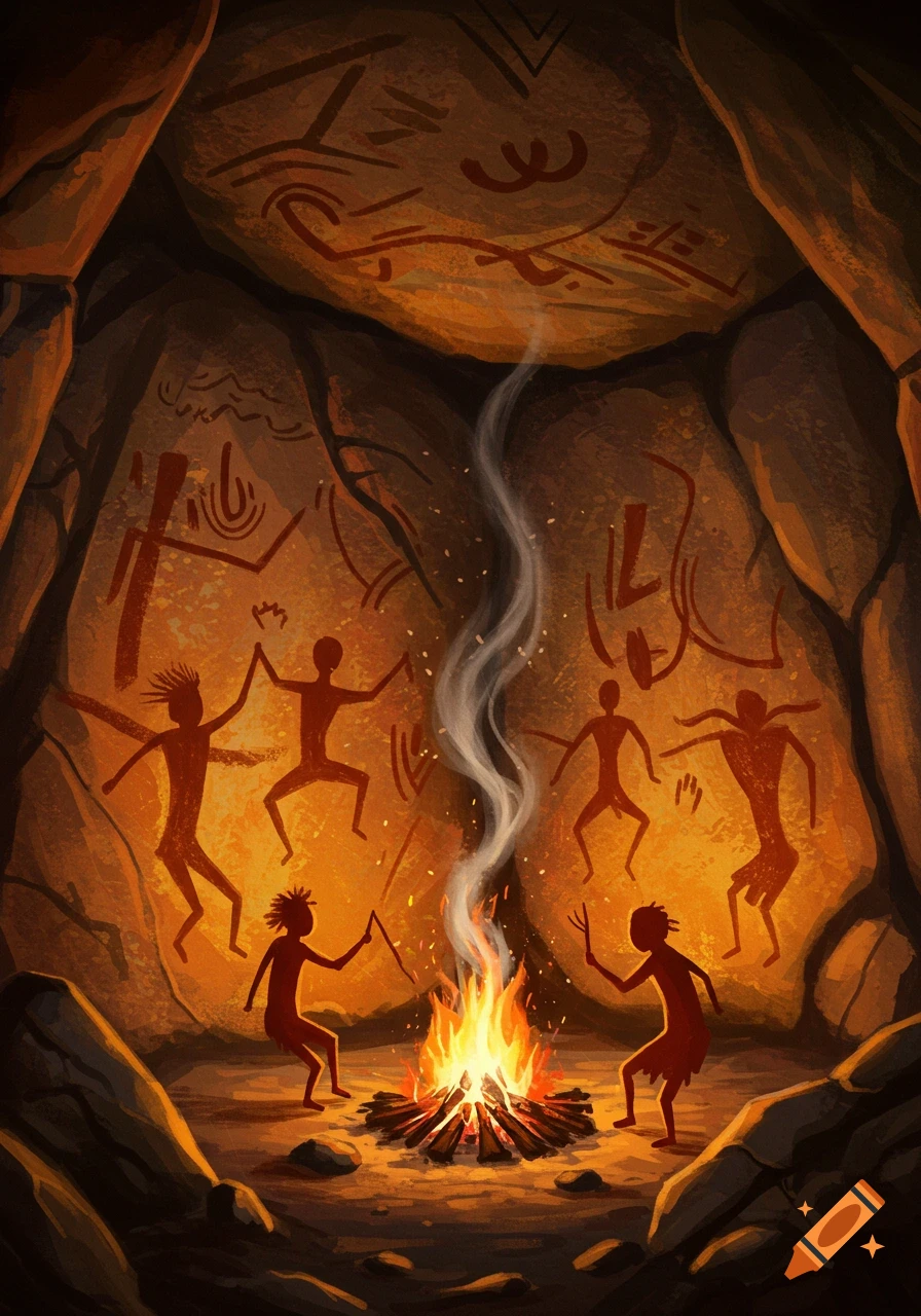 Ancient cave painting figures depicting stick figures dancing around a bonfire inside a dimly lit cave.