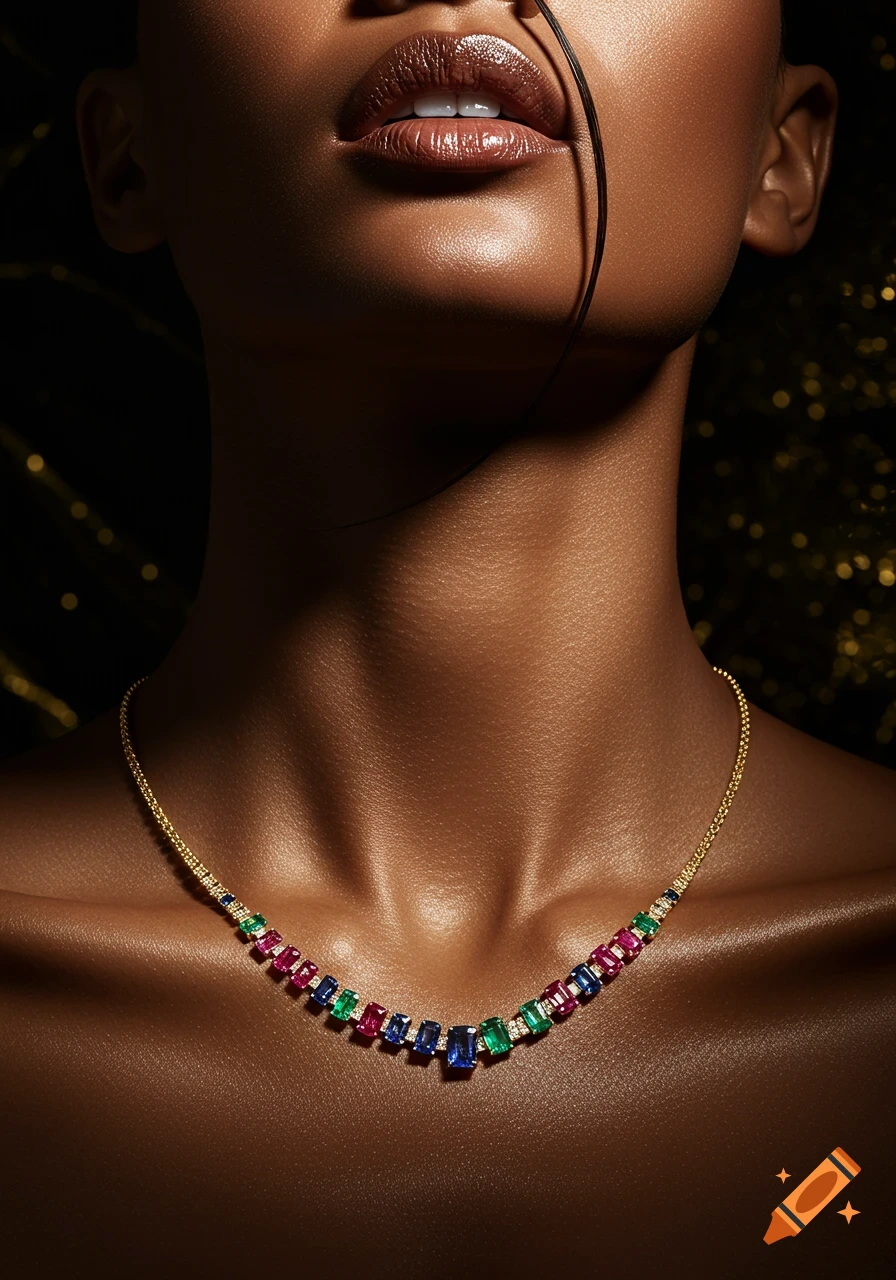 Close-up of a woman's neck wearing a gold necklace with rubies, emeralds, and sapphires. Photorealistic.