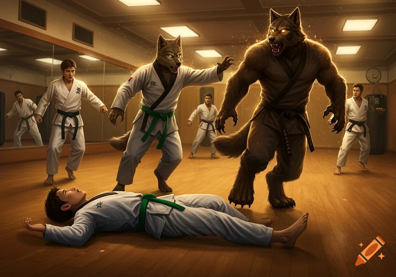 A martial arts training hall with human students and transforming werewolves. One student lies on the ground, while a large werewolf charges.