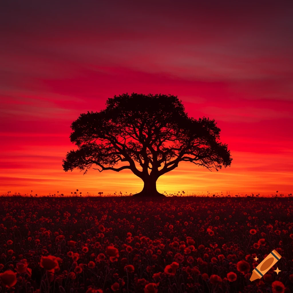 A silhouetted tree stands in a field of red flowers against a vibrant red and orange sunset.