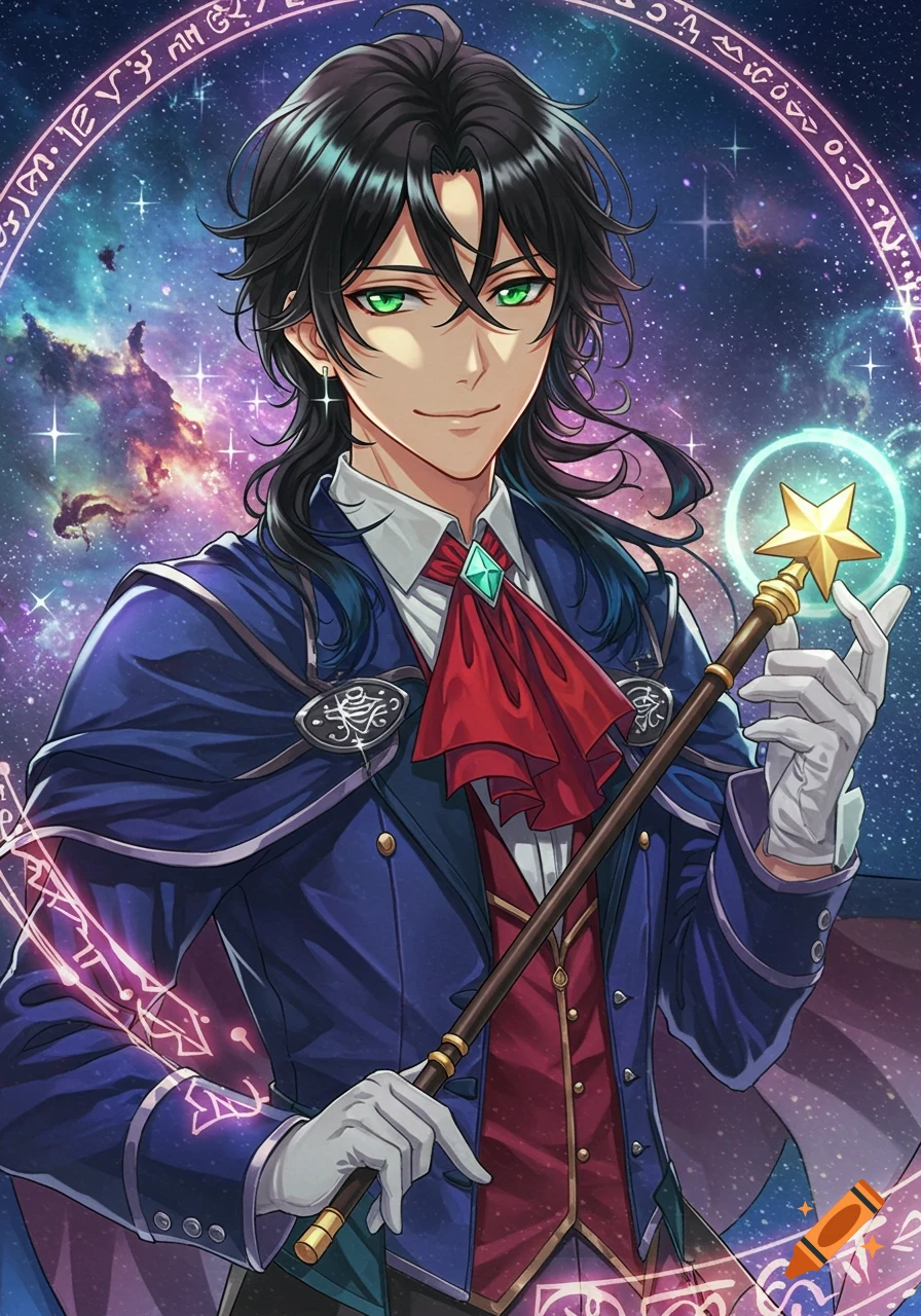 An anime man with black hair and green eyes wears a blue magician's suit and holds a glowing star staff against a starry galaxy background.