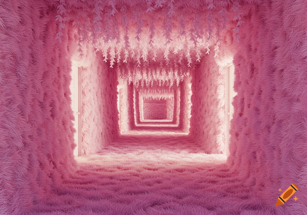 A long, ethereal hallway covered entirely in fluffy pink fur, with fur vines hanging from the ceiling.