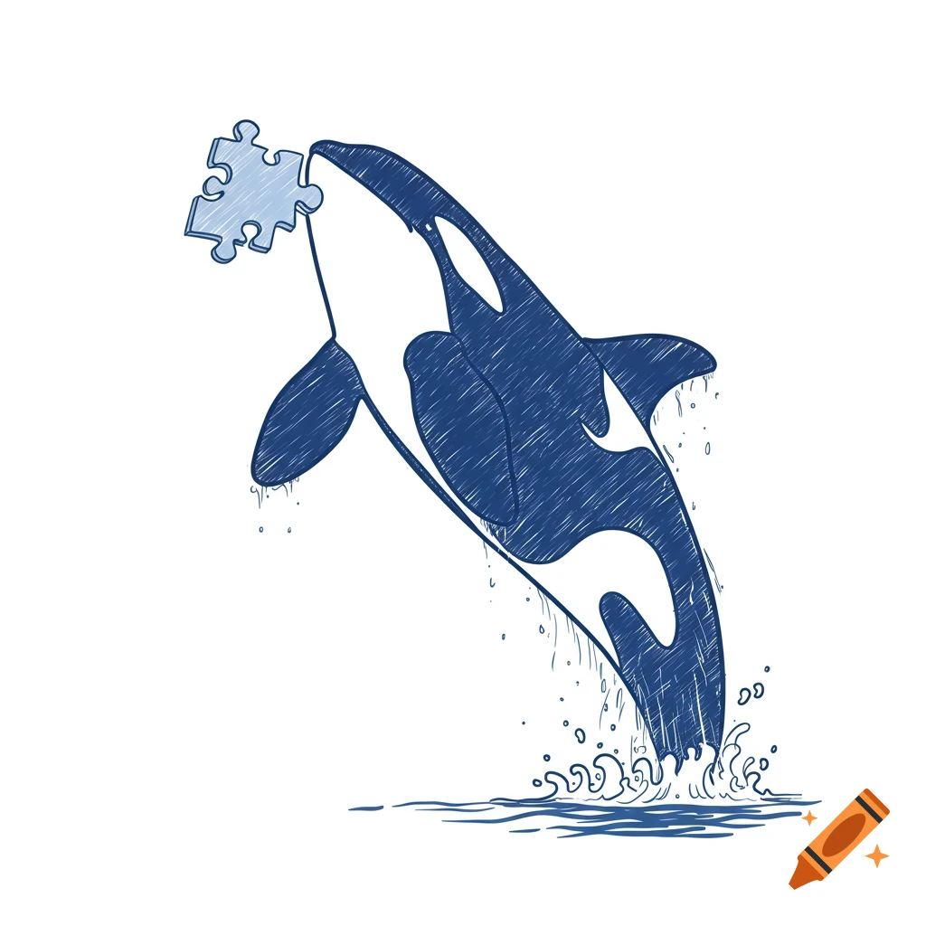 A blue line drawing of an orca jumping out of water, holding a jigsaw puzzle piece in its mouth.