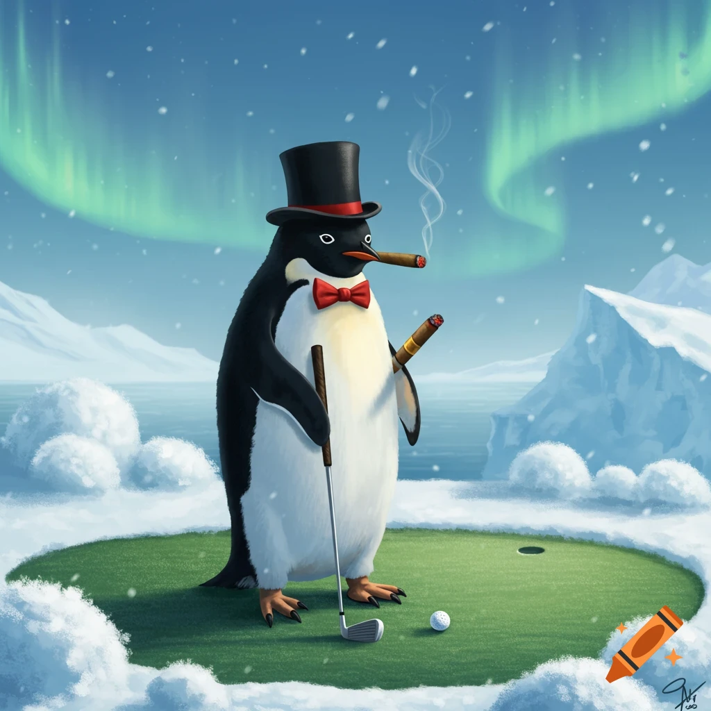 A cartoon penguin in a top hat and bow tie smokes cigars while holding a golf club on a snowy green under the Northern Lights.