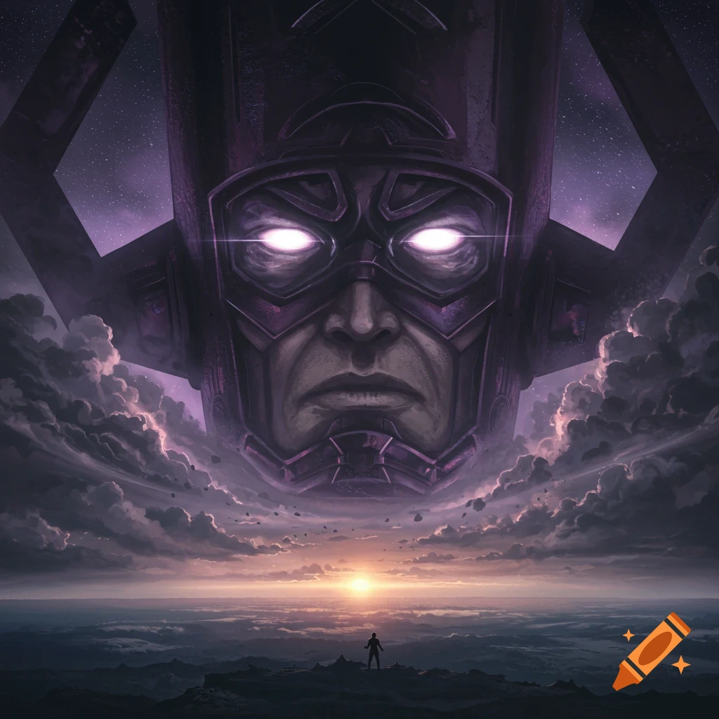 Giant purple Galactus with glowing eyes looms over a sunset landscape with a small figure below.