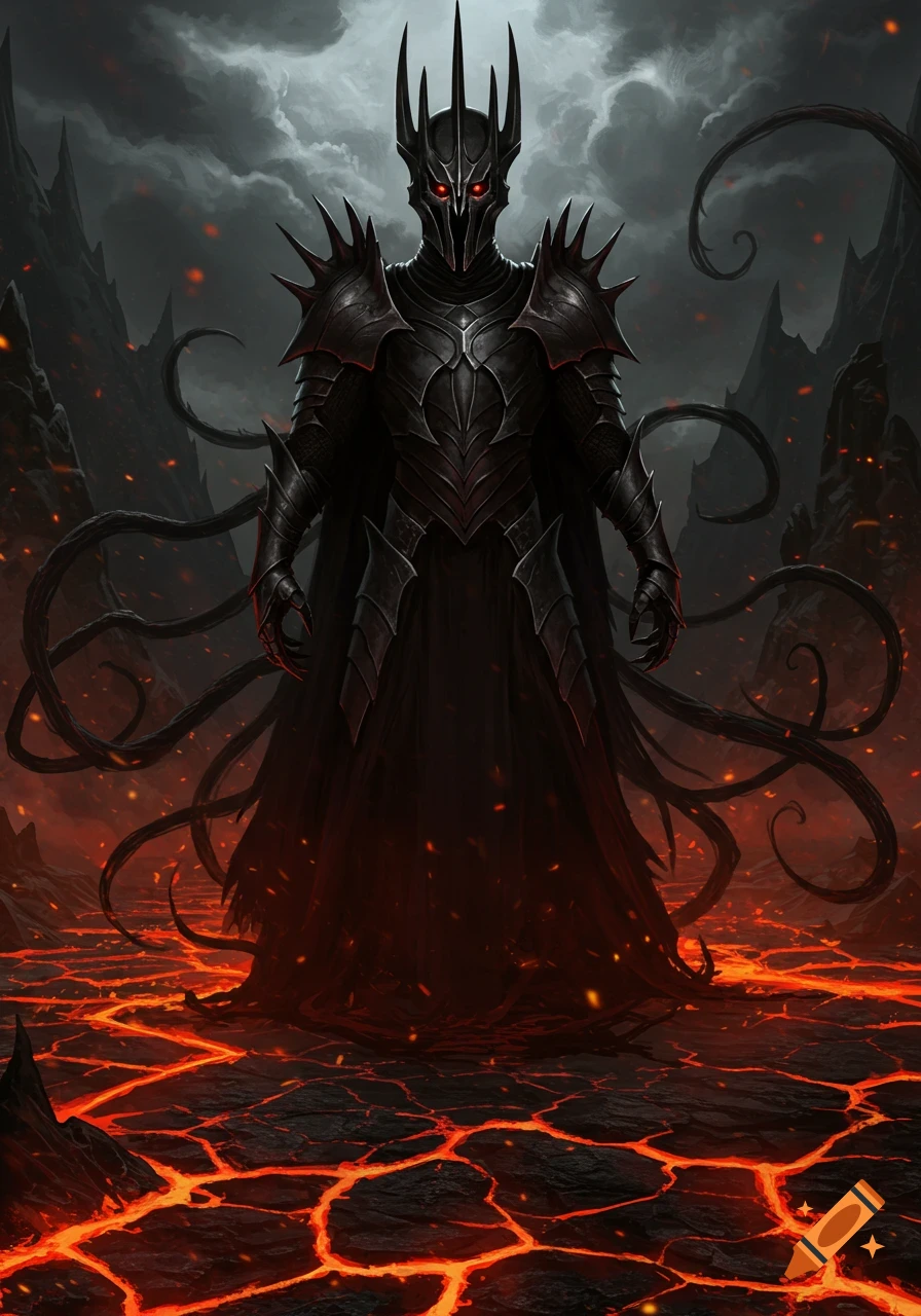 A formidable dark lord in spiked black armor with glowing red eyes stands on a cracked, fiery lava landscape under a stormy sky.