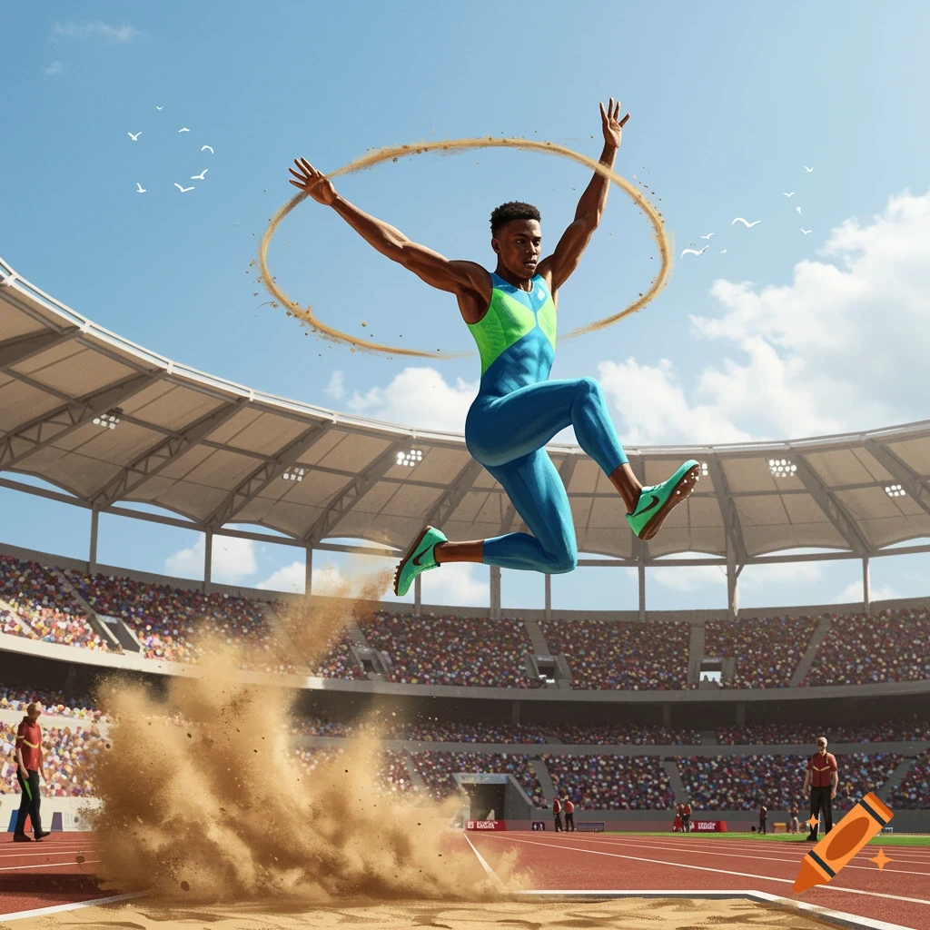 A male long jumper in a blue and green suit leaps through the air over a sand pit in a stadium.
