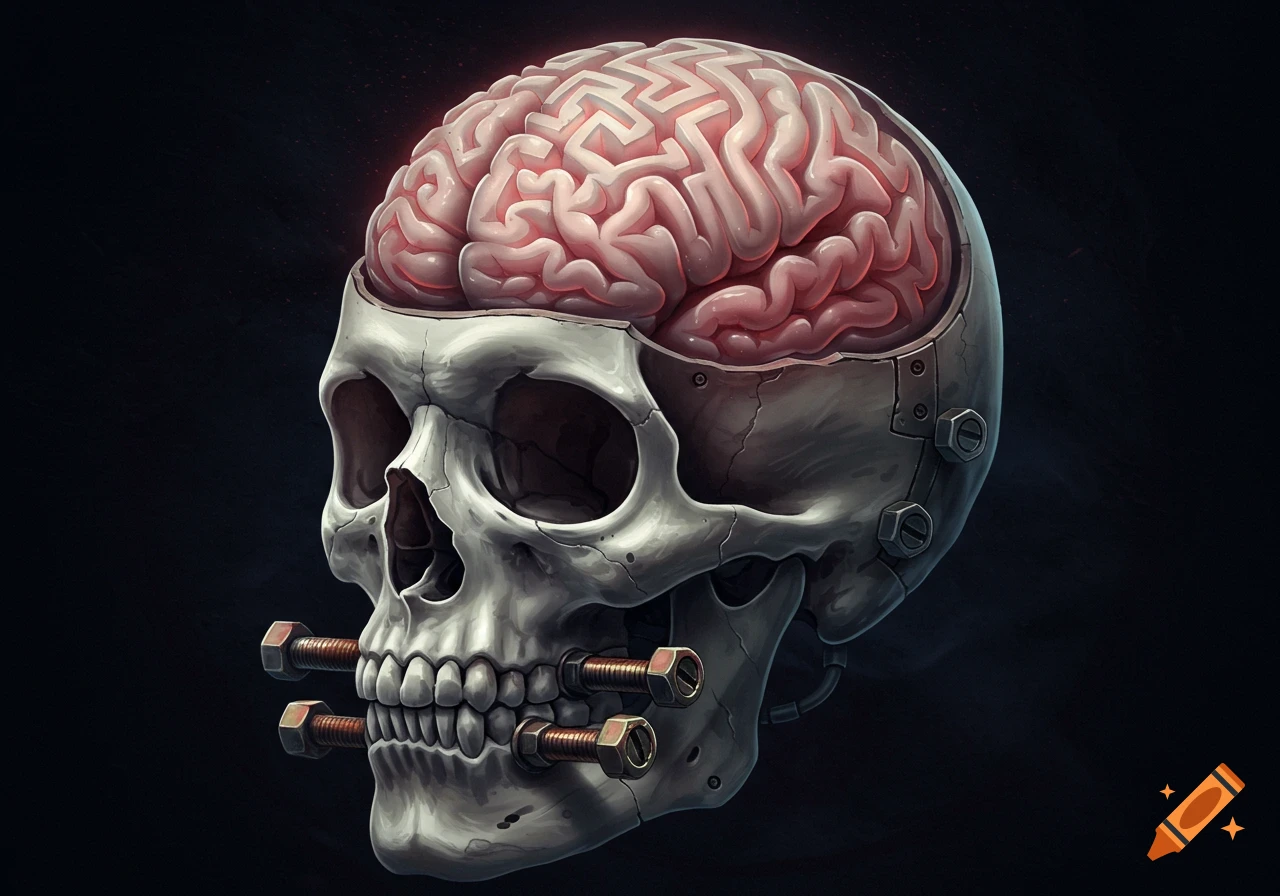 A stylized human skull with an exposed brain shaped like a maze, and bolts piercing its mouth to hold it shut, set against a dark background.