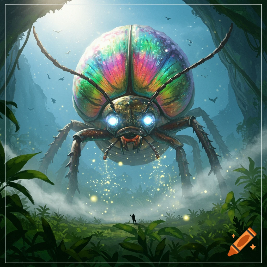 A colossal iridescent beetle creature with glowing eyes looms over a person in a misty, firefly-lit jungle.