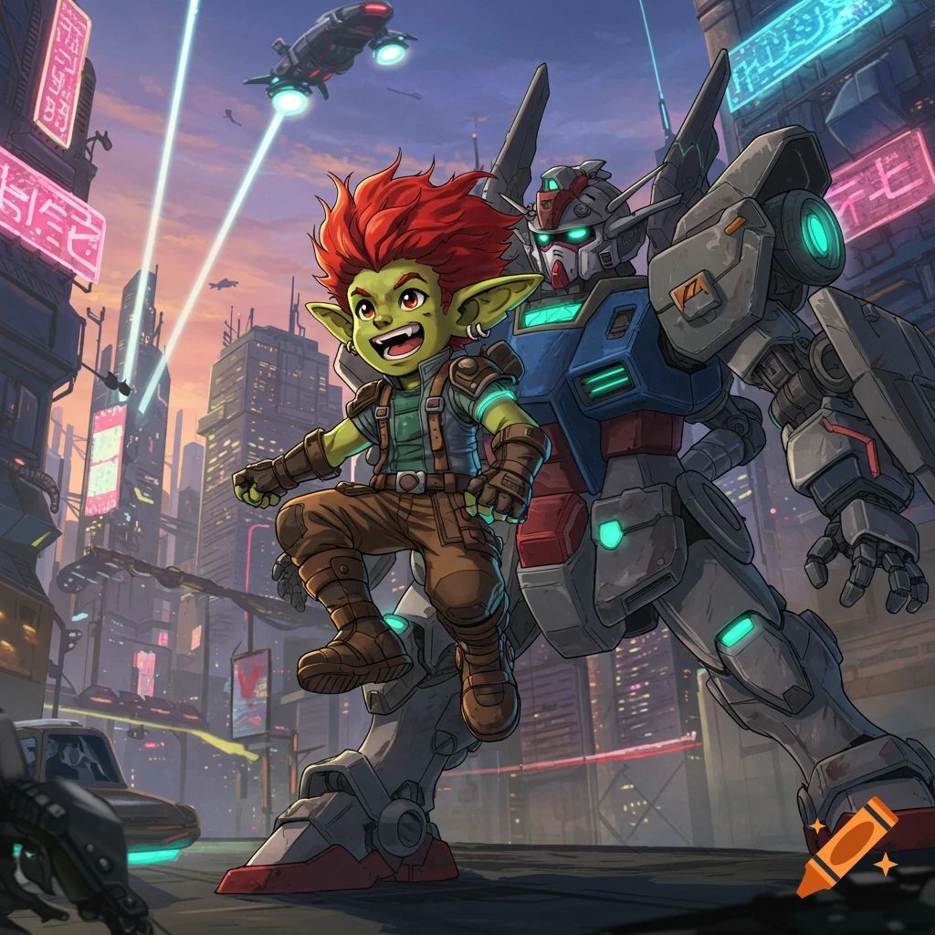 A red-haired goblin stands next to a large mech suit in a neon-lit cyberpunk city, in an anime style.
