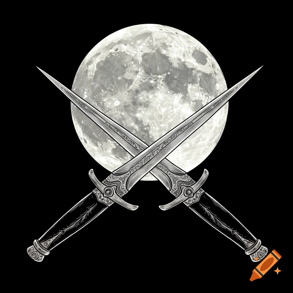 Two ornate daggers crossed in front of a detailed full moon, in a line art style.