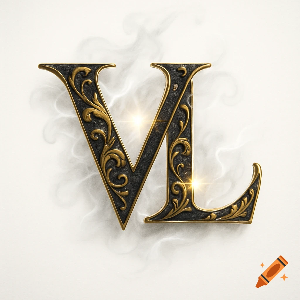Ornate charcoal black and gold VL logo with smoke.