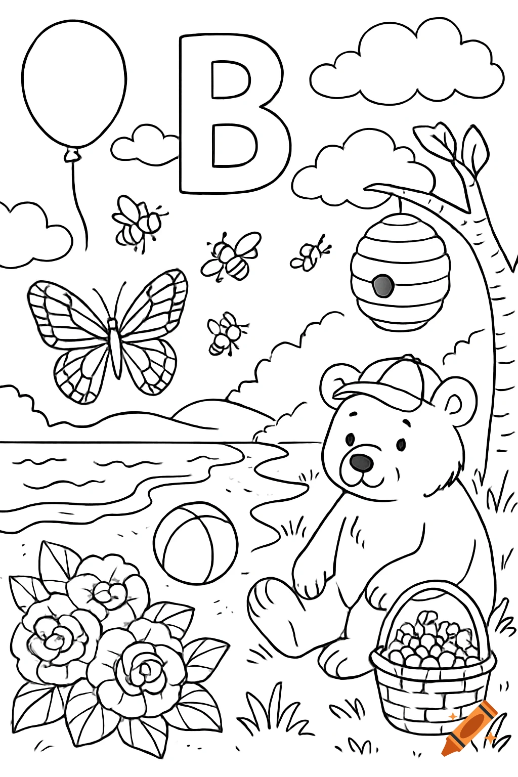 A black and white coloring page for the letter B, featuring a bear, butterfly, bees, balloon, and a basket of berries by a lake.