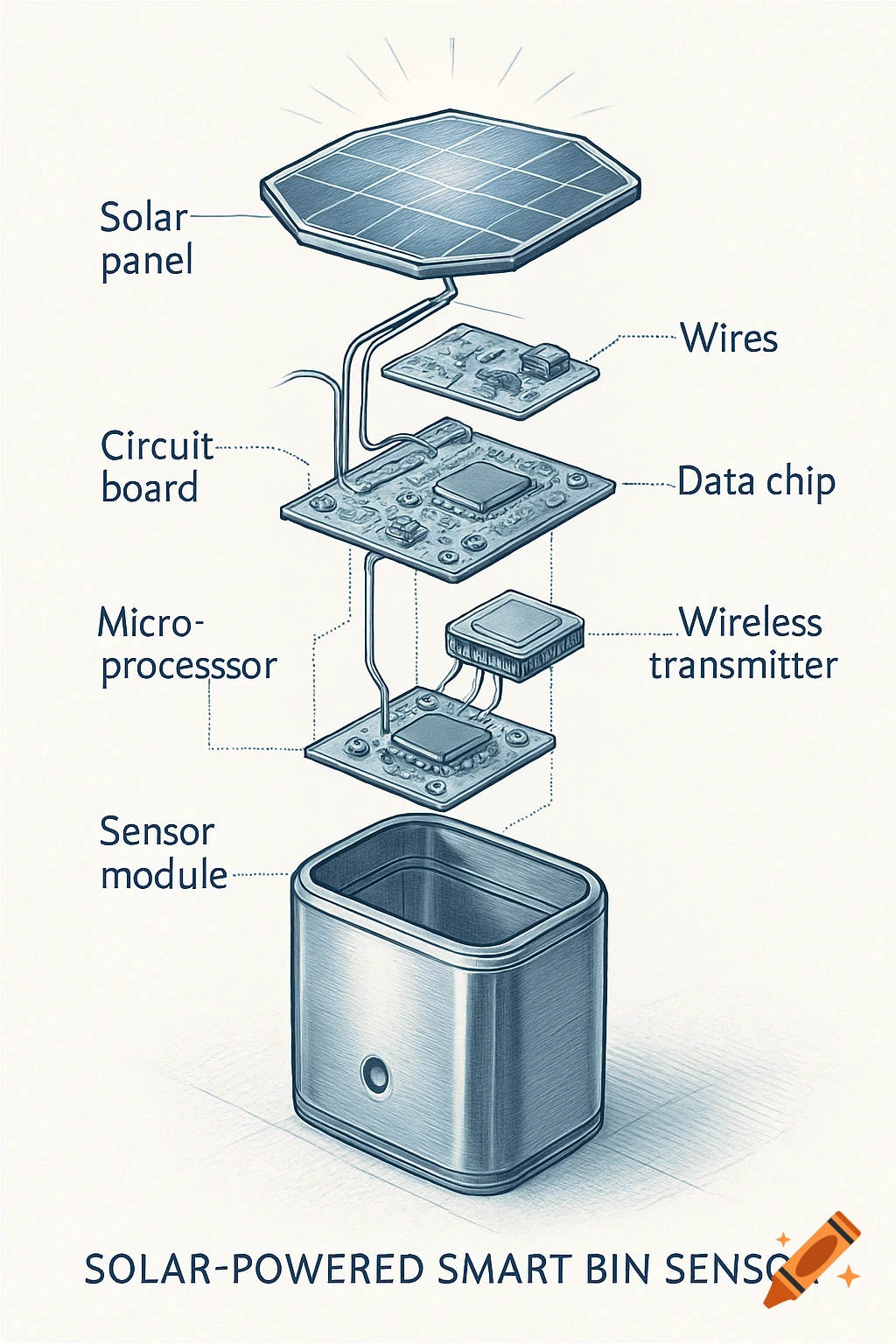 A blue and white technical schematic showing an exploded view of a solar-powered smart bin sensor with labeled components.