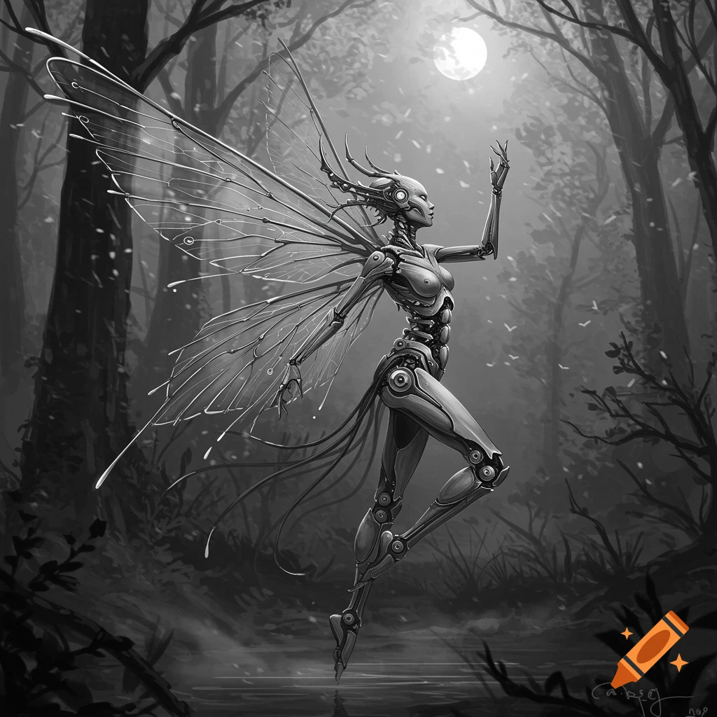 A detailed black and white image of a graceful biomechanical fairy with delicate wings floating above a misty pond in a moonlit forest.