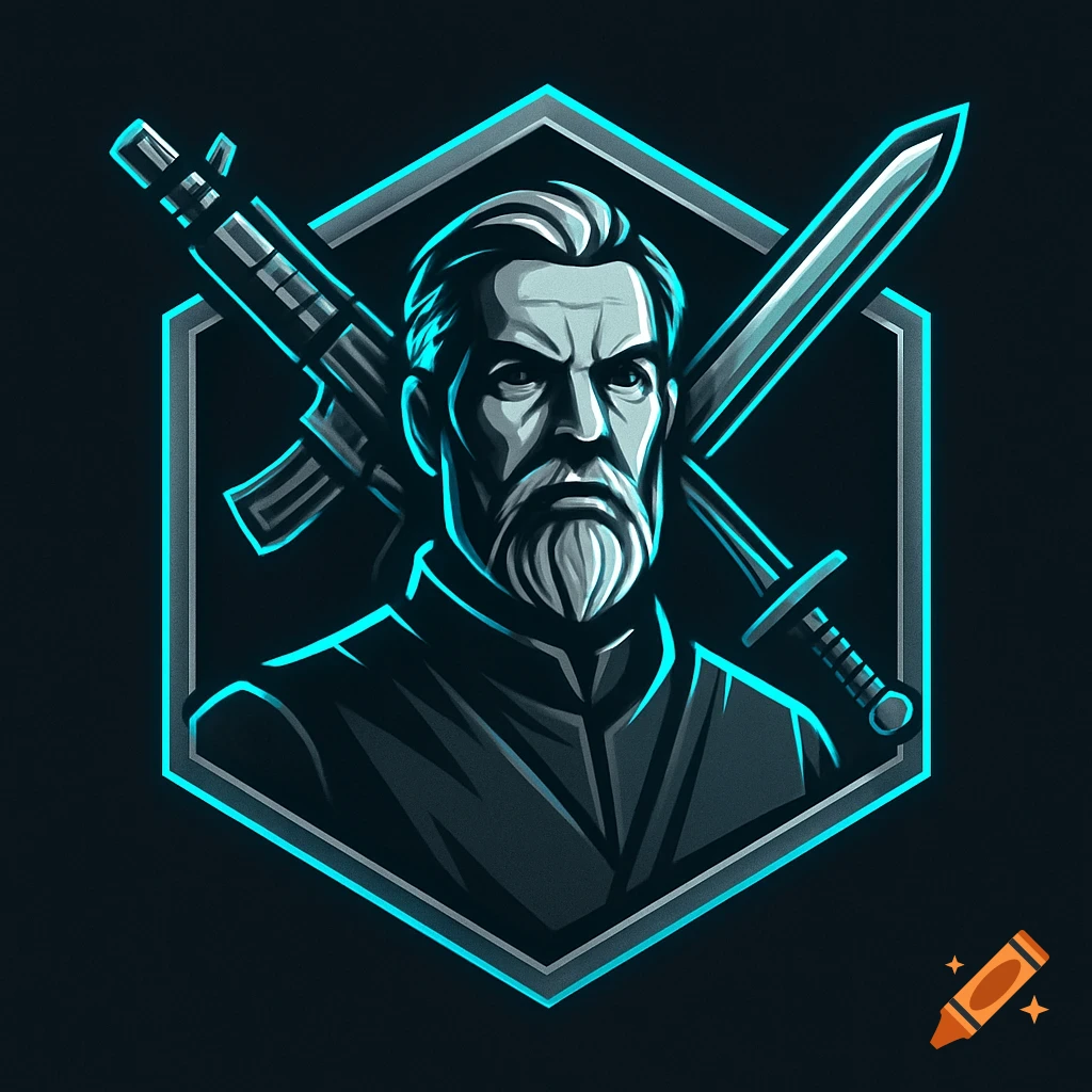 A stylized logo of a bearded man's bust in a glowing hexagon, with a sci-fi rifle and sword crossed behind.