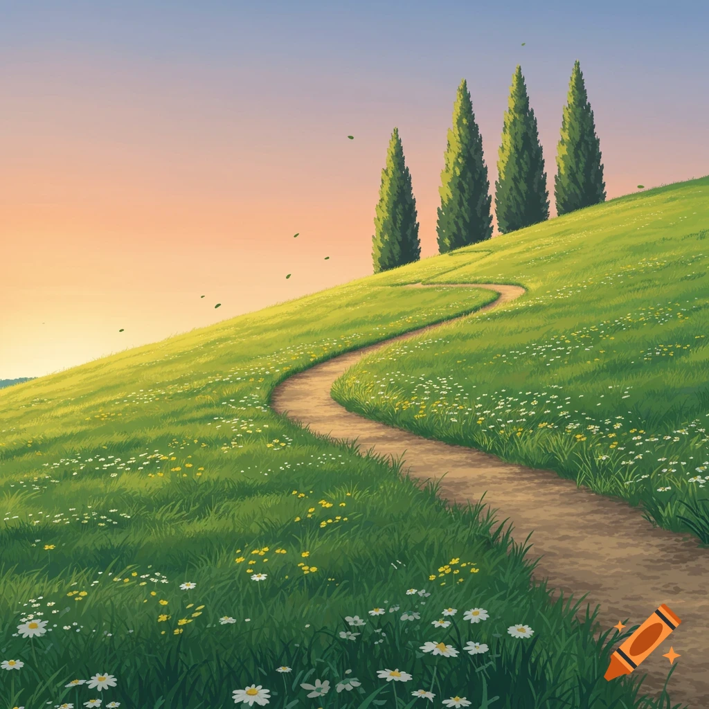 A winding dirt path on a vibrant green grassy hill dotted with wildflowers, leading past four tall trees under a soft orange and blue sunset sky in an anime style.