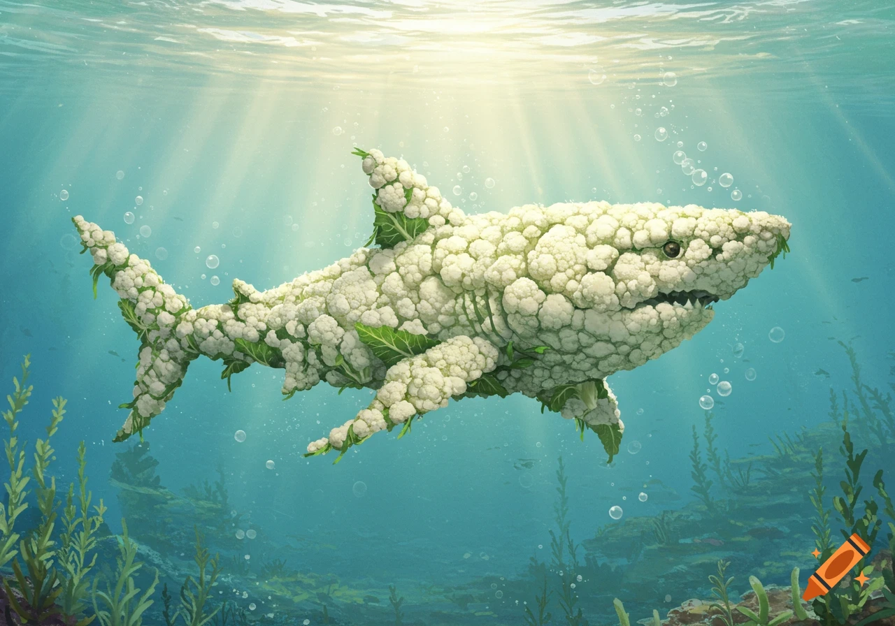 A shark made of white cauliflower florets and green leaves swims underwater, illuminated by sun rays from above.