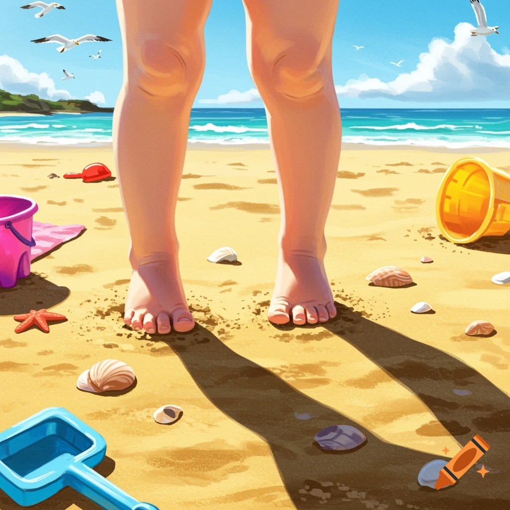 A child's bare legs and feet stand on a sunny beach, surrounded by sand toys, seashells, the ocean, and seagulls.