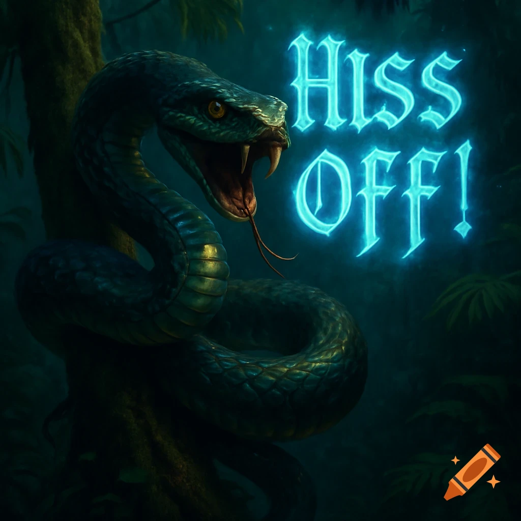 A venomous snake with fangs exposed and tongue flicking, wrapped around a tree in a dark jungle, with glowing blue text "HISS OFF!" above it.