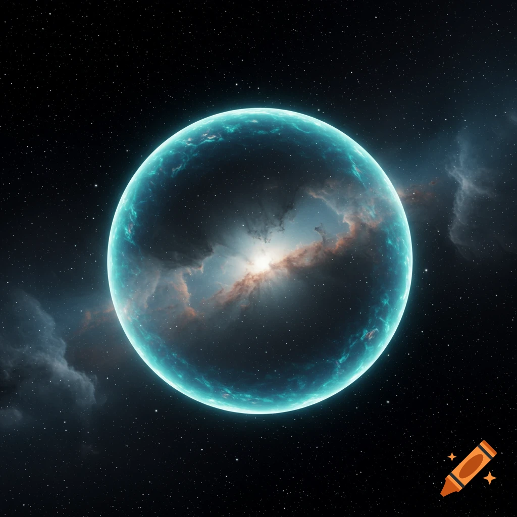 A glowing blue and black sphere with an internal light source, surrounded by cosmic dust clouds and stars in deep space.