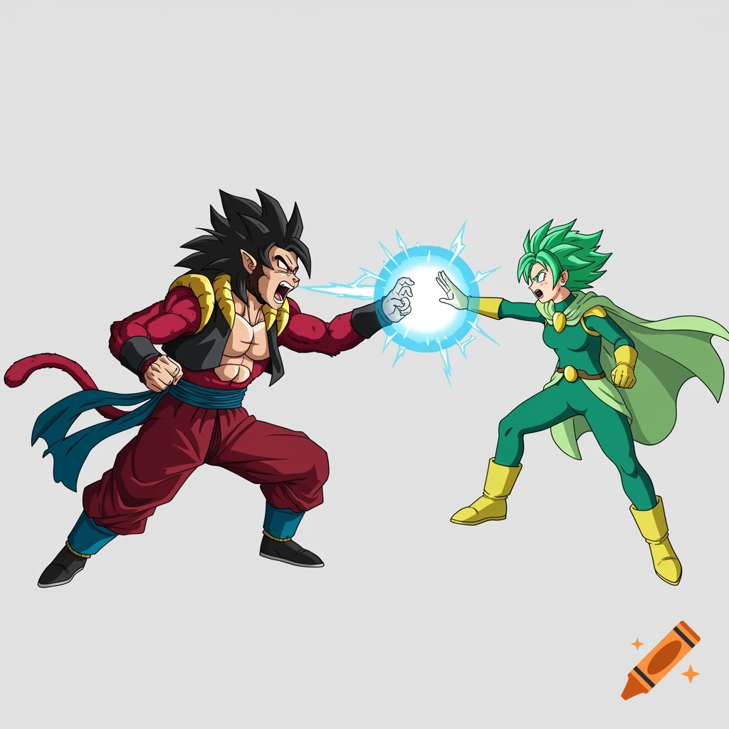 Anime-style characters, a male with red fur and black hair firing a blue energy blast at a green-haired female in a green suit and cape who is blocking it.