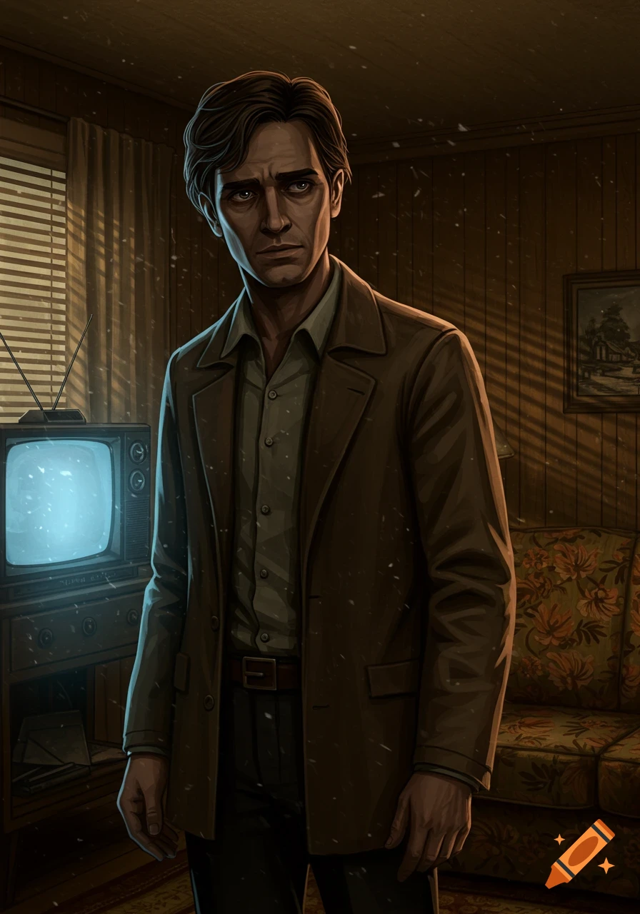An illustration of a somber man in a brown jacket and striped shirt standing in a dimly lit, retro room next to a glowing TV.