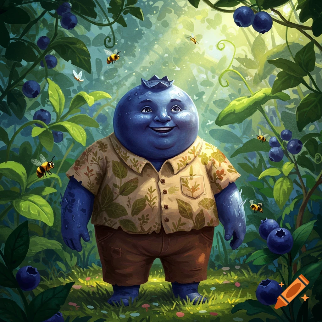 A cheerful, round blueberry character wearing a patterned shirt and shorts smiles in a bright forest with bees flying around.