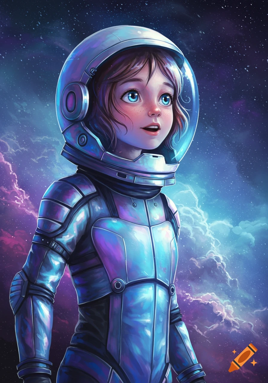 Illustrated portrait of a young girl in a blue and purple spacesuit, looking up with wonder against a starry, cloudy space background.