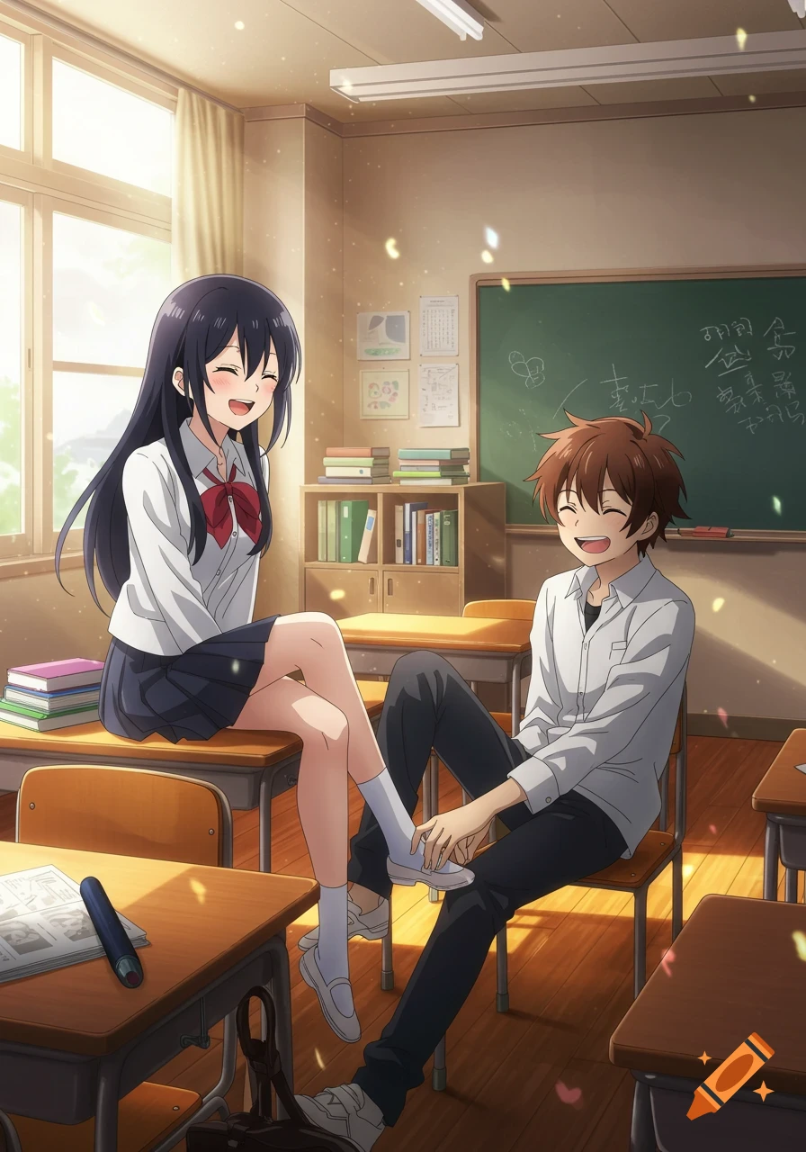 Anime style drawing of a boy tickling a girl's foot in a sunlit classroom, both laughing.