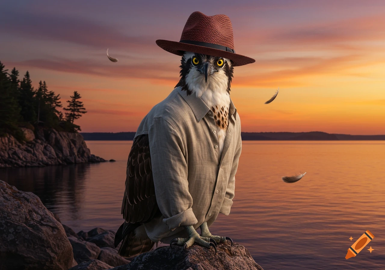 A photorealistic osprey wearing a fedora and linen shirt stands on rocks by a lake at sunset.