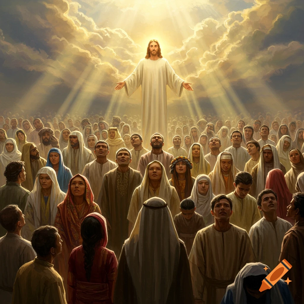 Jesus Christ descends from golden clouds, surrounded by a multitude of people looking up in a radiant, painted scene.