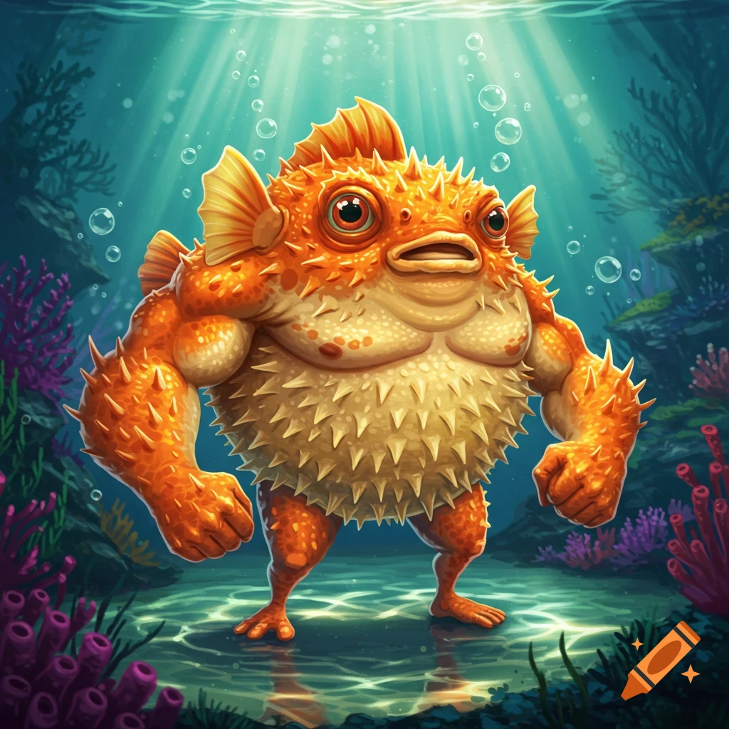 A muscular, orange pufferfish with bulky arms and legs stands on the ocean floor in a cartoonish style.