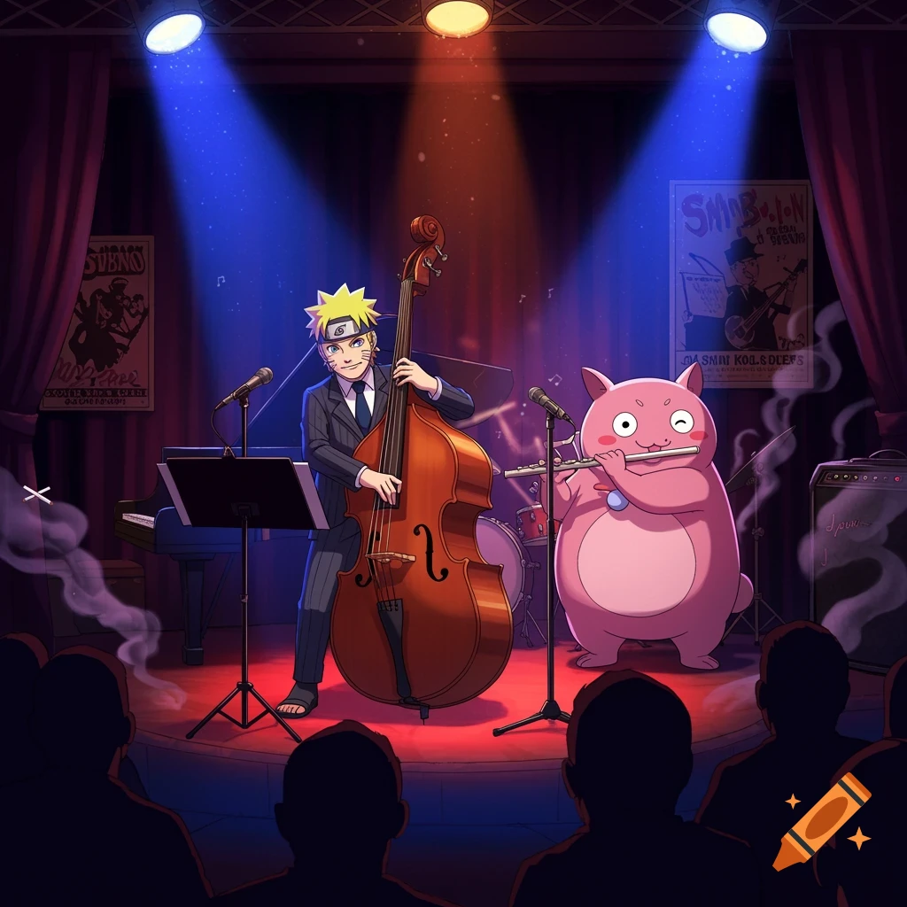 Anime style image of Naruto playing double bass and Pokemon Snubbull playing flute on a jazz club stage, viewed from behind the audience.