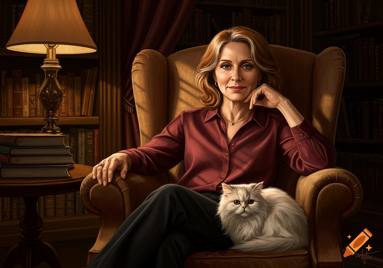 A woman sits comfortably in an armchair in a cozy library, with a fluffy white cat on her lap, rendered in a painterly style.
