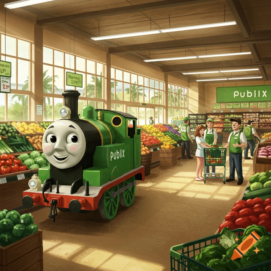 A cartoon green train with a face, labeled "Publix", stands in the produce section of a grocery store filled with fruits and vegetables.