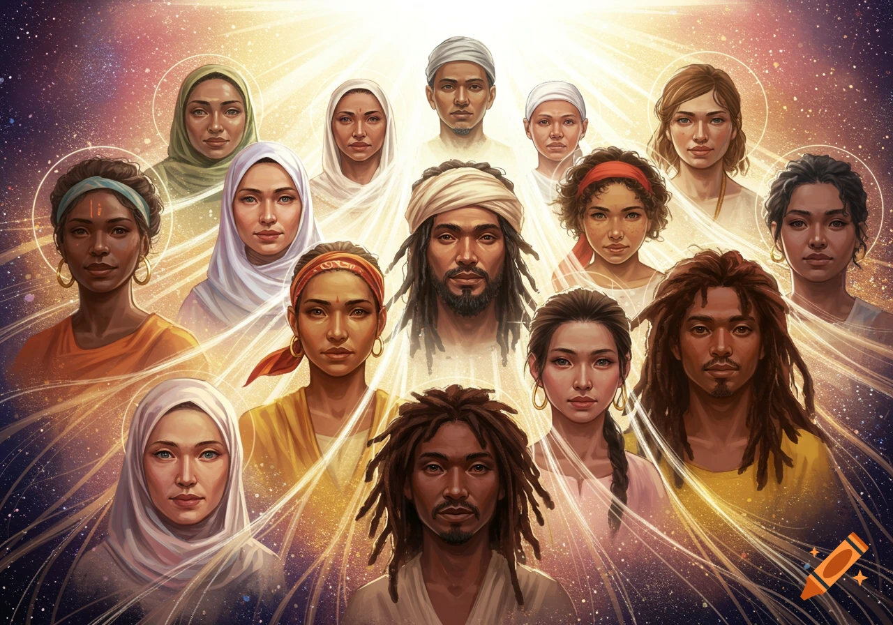 A diverse group of people of various ethnicities and cultures looking forward, bathed in golden, radiant light.