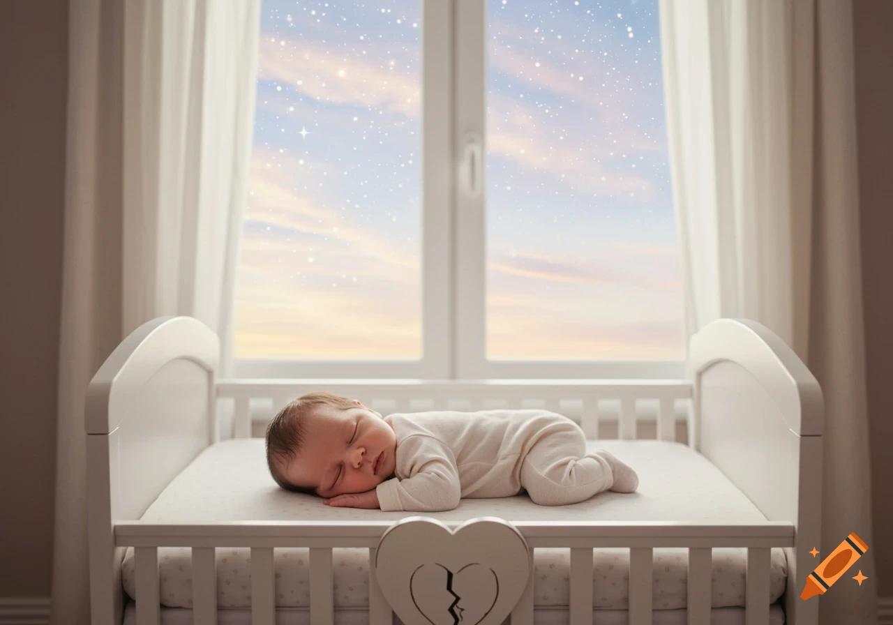 A newborn baby sleeps peacefully in a white crib, with a dreamy, starry sky visible through the window. The crib has a broken heart motif.