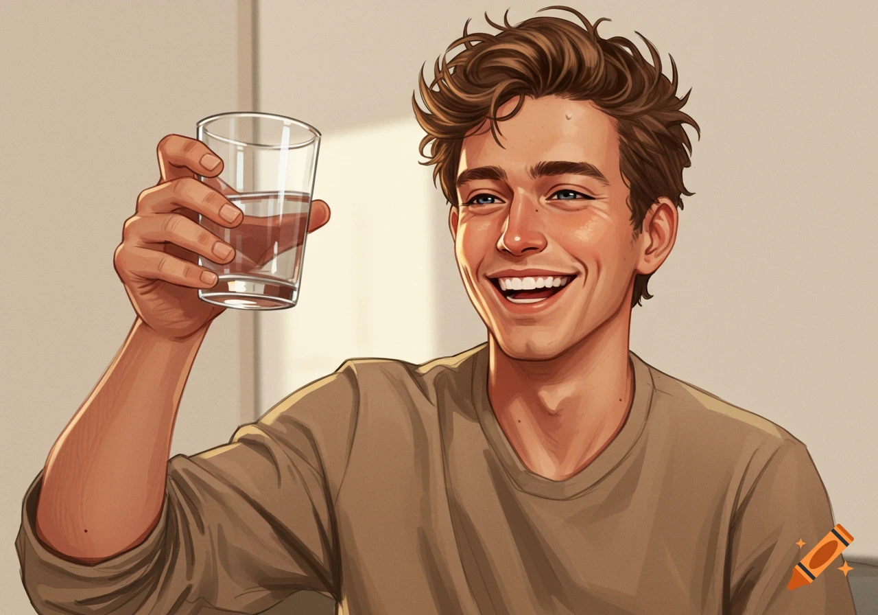 A smiling man with brown curly hair and blue eyes raises a glass of water in an illustrated style.