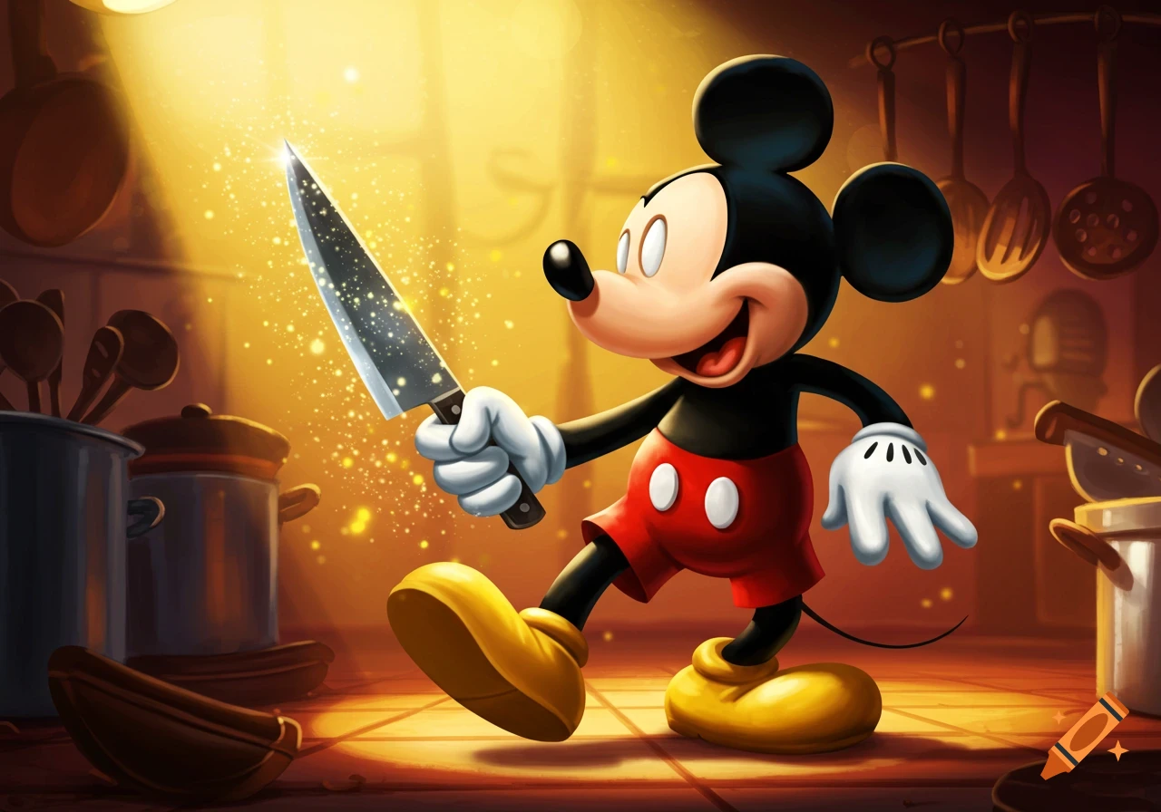 Mickey Mouse stands happily in a glowing kitchen, holding a sparkling chef's knife.