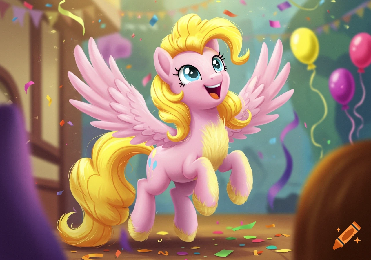 A pink My Little Pony-style pegasus with yellow mane and tail, wings, and fur on its chest and hooves, happily bounces amidst confetti at a party.