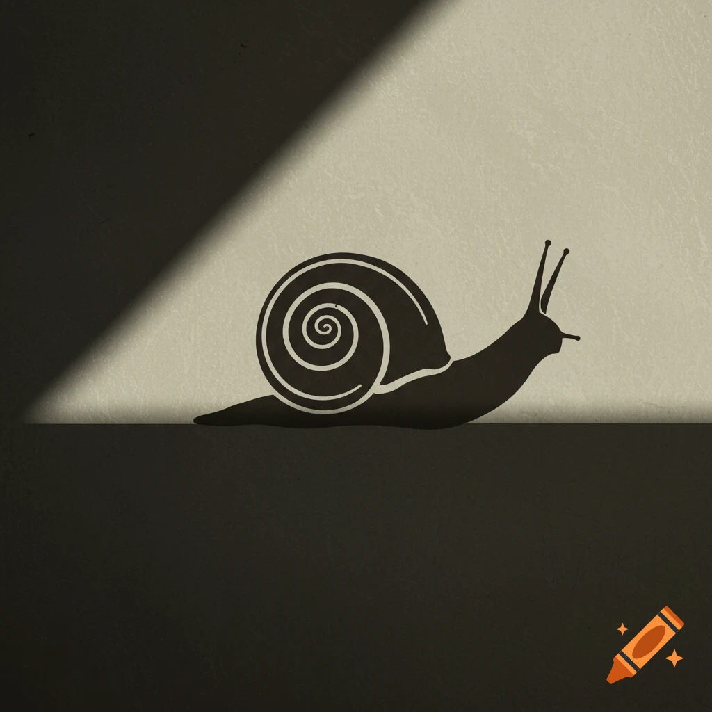 A minimalist illustration of a snail silhouette with a white spiral shell, against a beige background with a diagonal light beam.