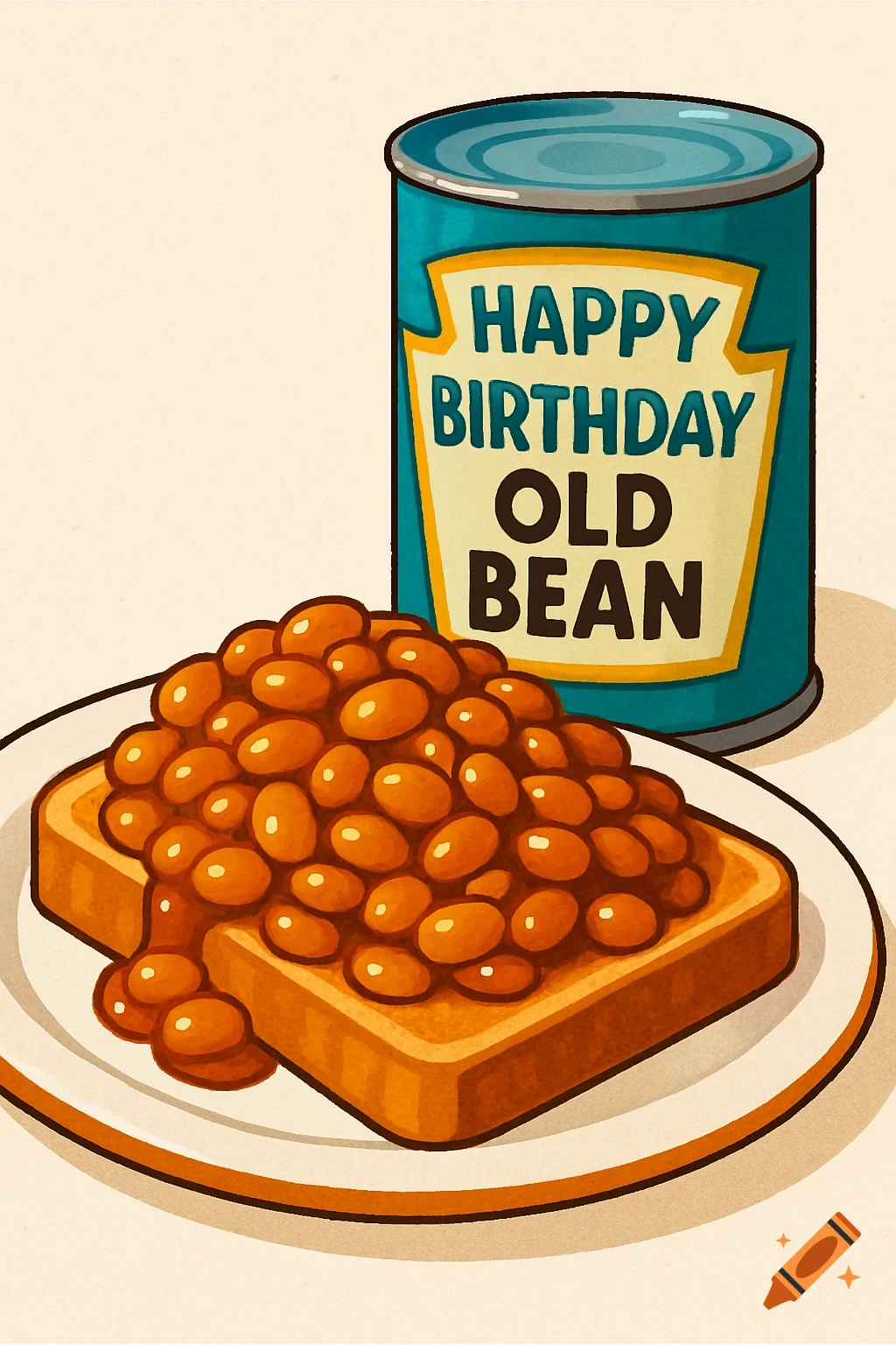 Clip art illustration of beans on toast with a blue can labeled 'Happy Birthday Old Bean'.