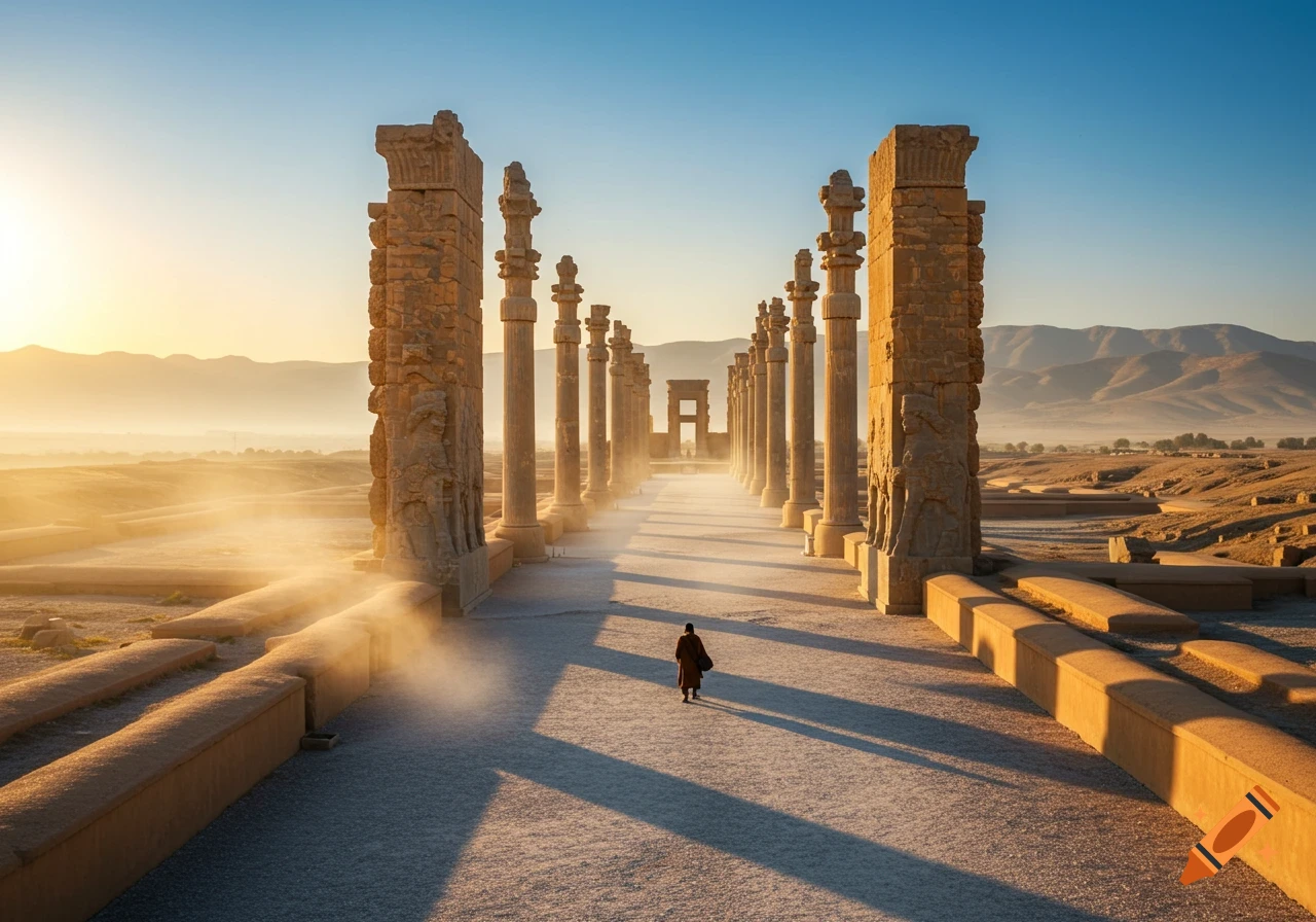 A lone figure walks down a path lined with ancient stone columns at sunrise in a desert landscape.