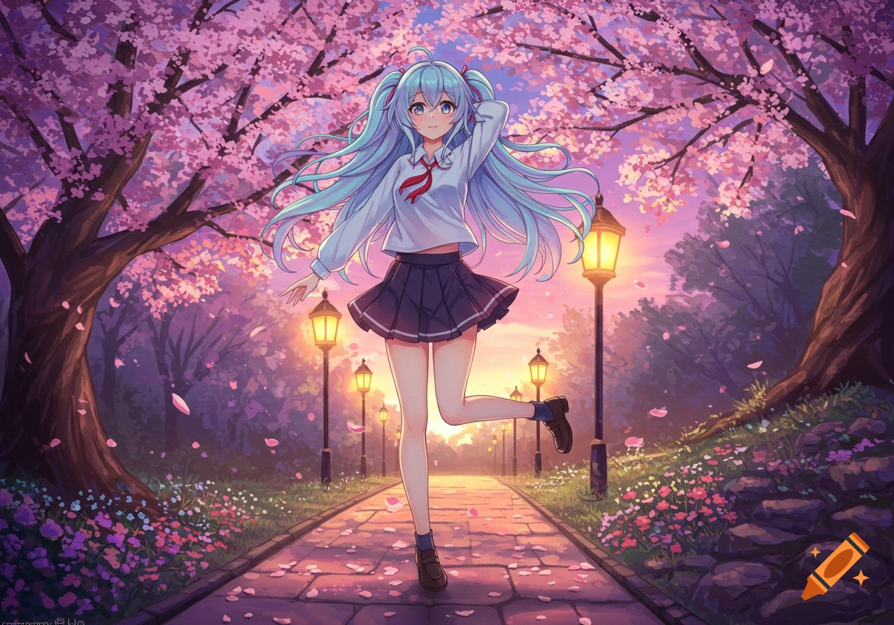 An anime girl with light blue hair in a school uniform smiles while walking on a path lined with cherry blossom trees and lanterns at sunset.